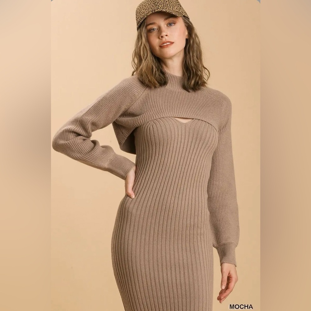 Elegant Tan Ribbed 2 Piece Knit Dress - Picture 5 of 5